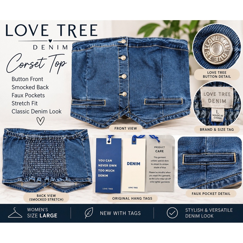 Love Tree Denim Corset Top Medium Wash Button Front Smocked Back Large NWT